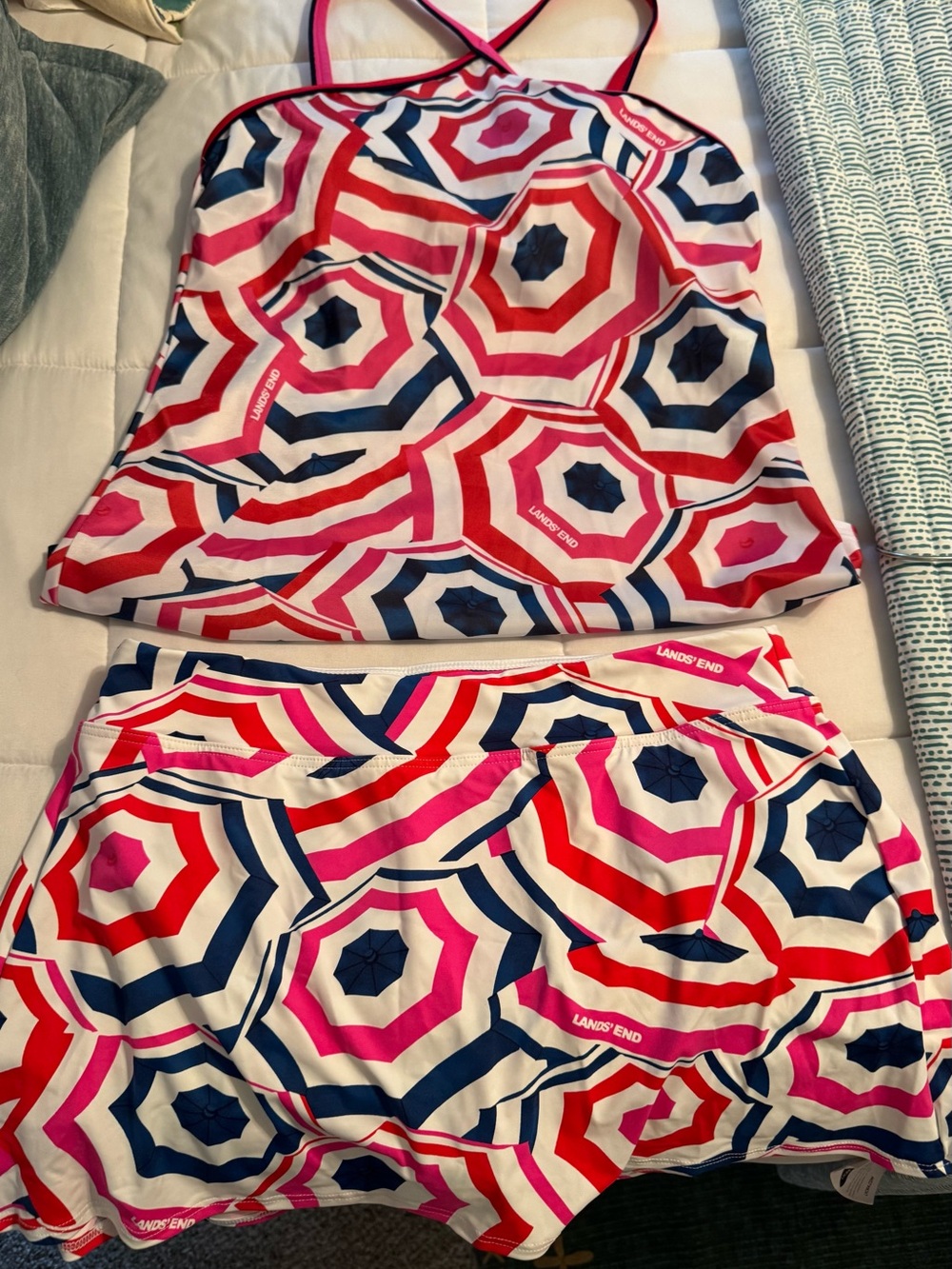 Lands' End Pink, Red and Navy Geometric Tankini with Swim Shorts